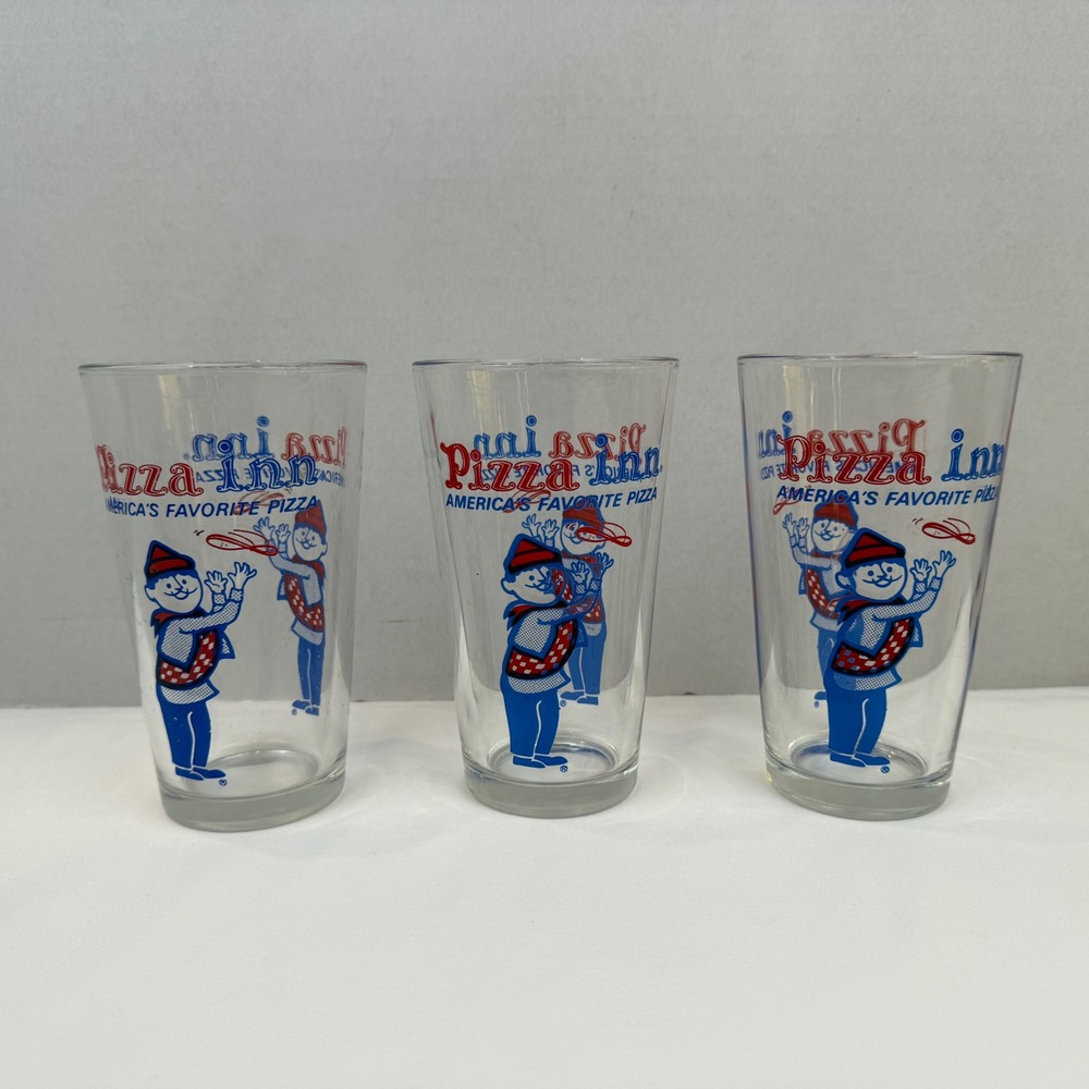 Vintage Pizza Inn Glasses Set of 3 Anchor Hocking Mascot Advertising Tumblers